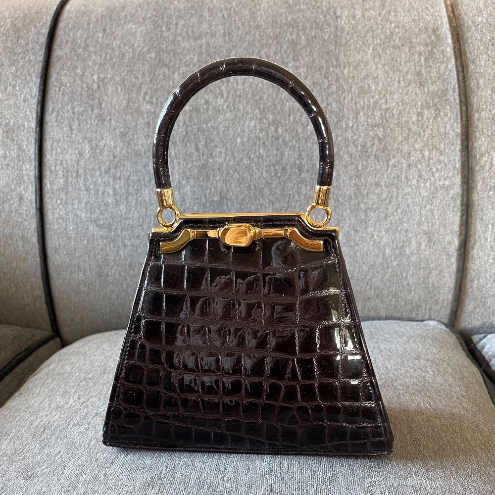 Vintage Brown Skin-Stamped Patent Leather Handbag